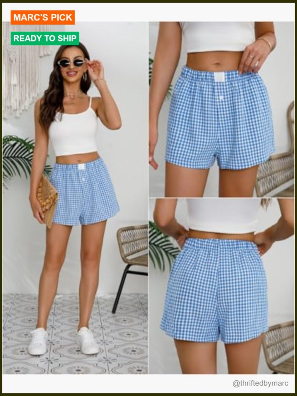 Women's Cotton Boxer Shorts with Pockets, Loose Fit, Gingham Plaid - Picture 4 of 4